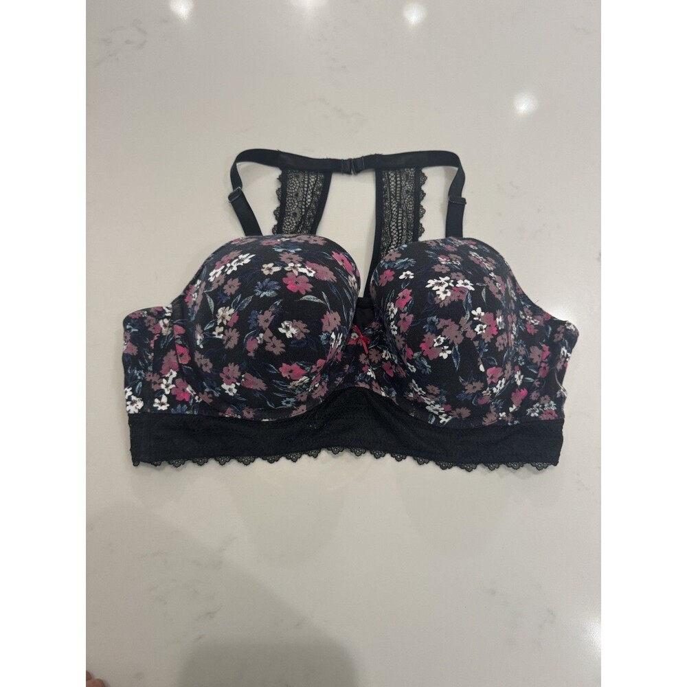 Cacique 46C Floral Lace Racerback Bra Black Pink Padded Underwire Women’s